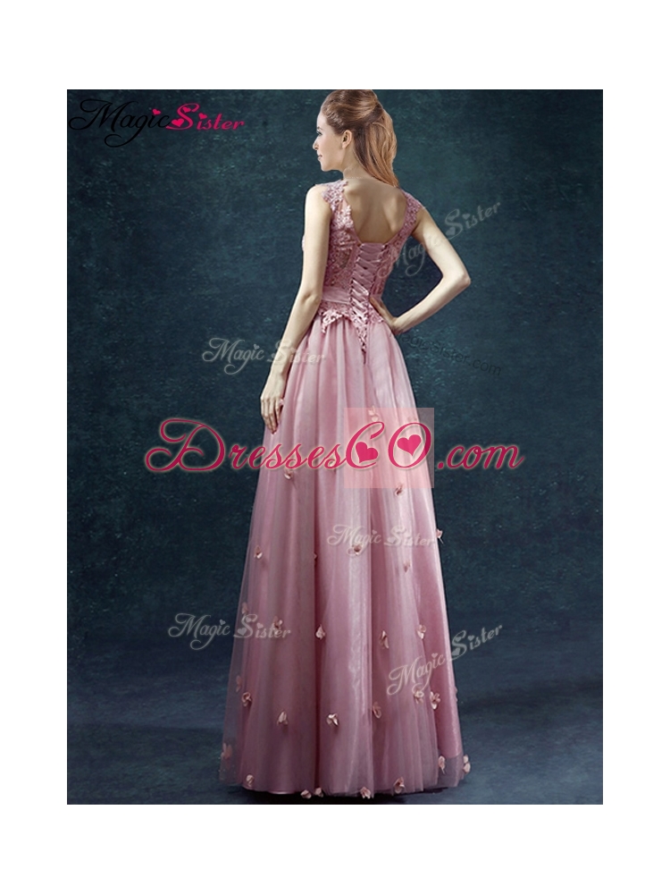 Classical V Neck Prom Dress with Appliques and Belt