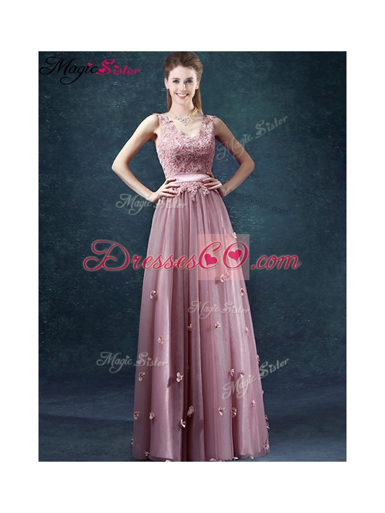 Classical V Neck Prom Dress with Appliques and Belt