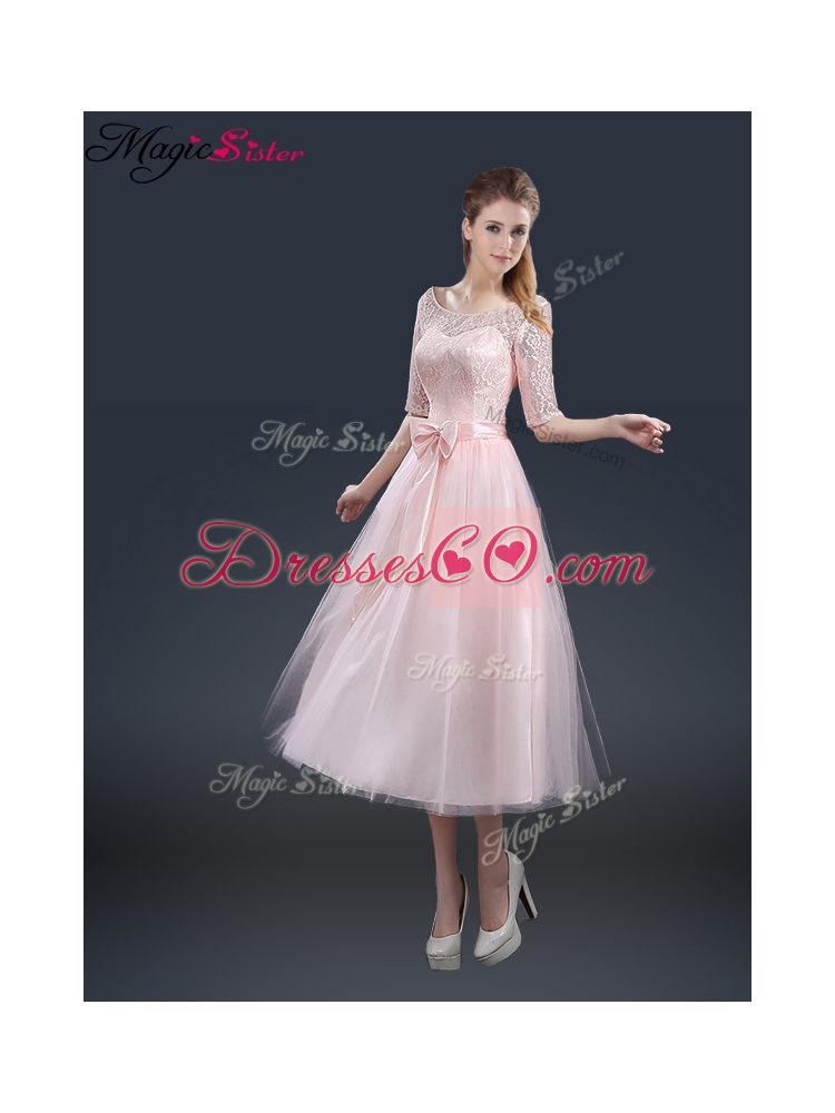 Elegant Tea Length Prom Dress with Lace and Bowknot
