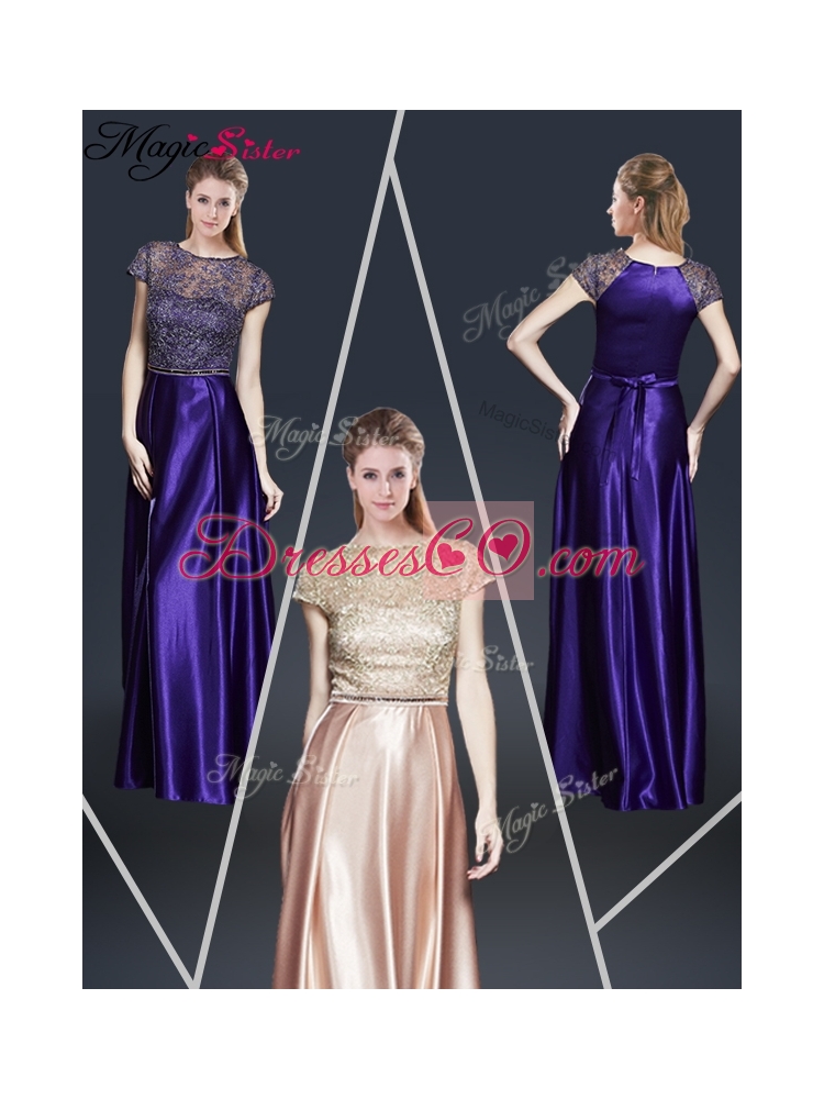 Empire Bateau Prom Dress with Appliques and Belt