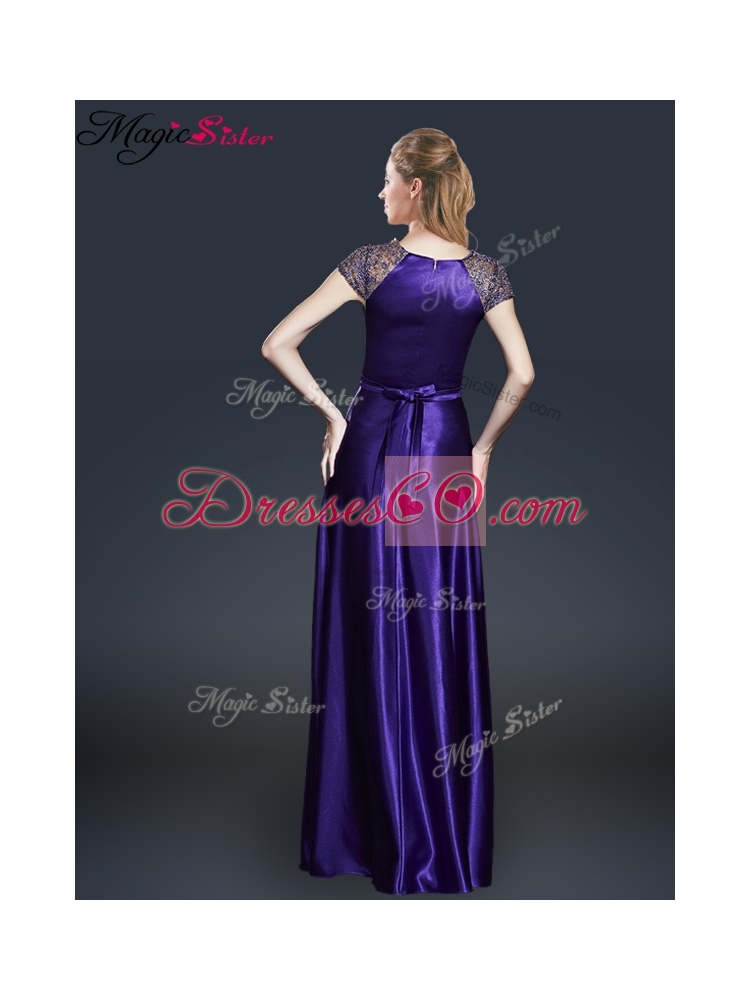 Empire Bateau Prom Dress with Appliques and Belt