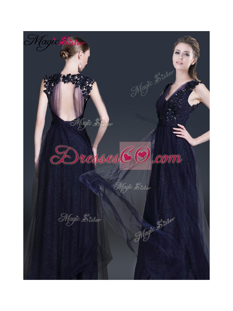 Fashionable V Neck Paillette Prom Dress in Navy Blue
