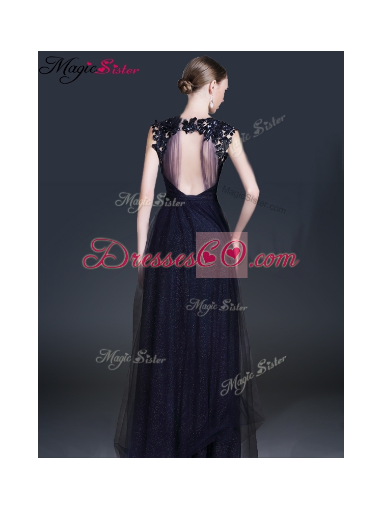 Fashionable V Neck Paillette Prom Dress in Navy Blue