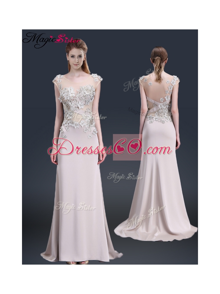 Luxurious Brush Train Cap Sleeves Prom Dress with Appliques