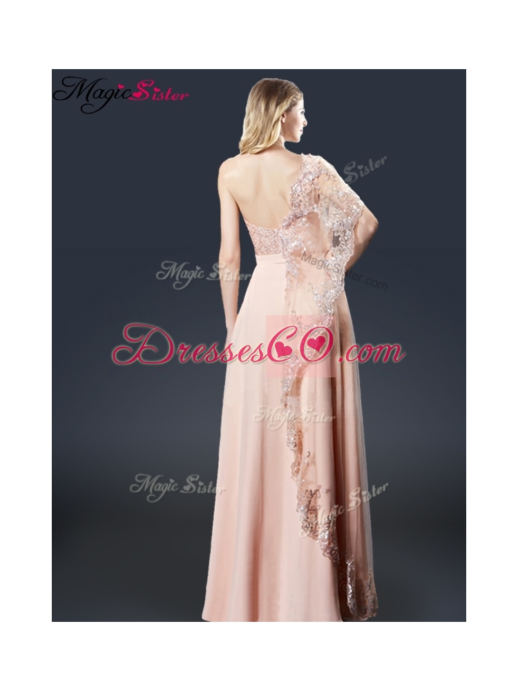 Luxurious One Shoulder Appliques Prom Dress in Peach