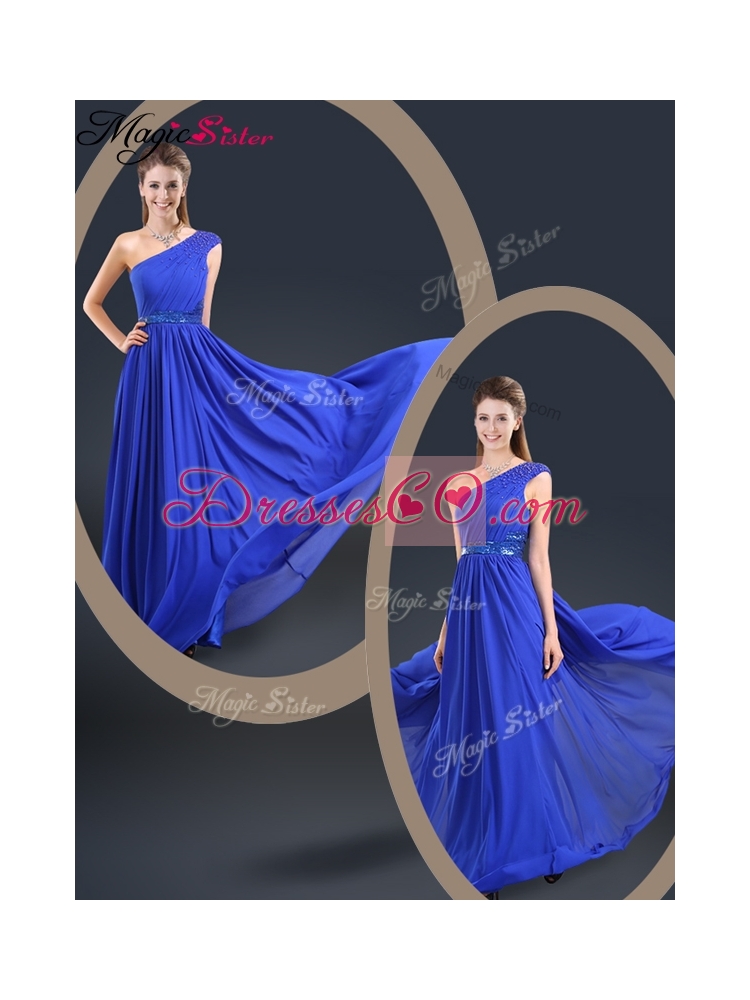 Cheap One Shoulder Blue Prom Dress with Belt
