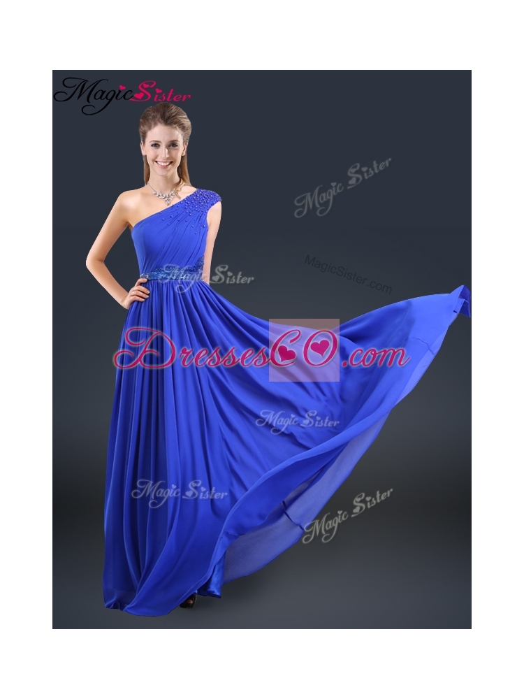 Cheap One Shoulder Blue Prom Dress with Belt
