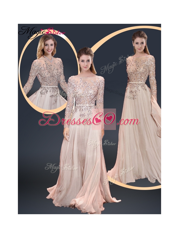 Cheap Brush Train Champagne Prom Dress with Beading