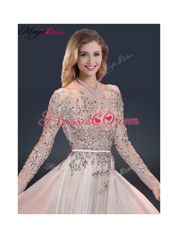 Cheap Brush Train Champagne Prom Dress with Beading
