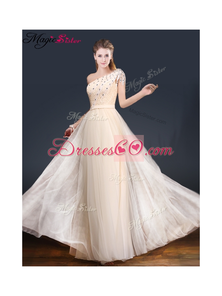 Elegant One Shoulder Prom Dress with Appliques and Beading