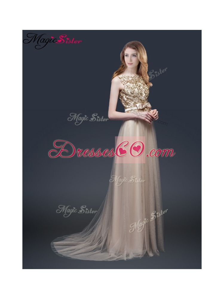 Luxurious Brush Train Prom Dress with Appliques and Bowknot