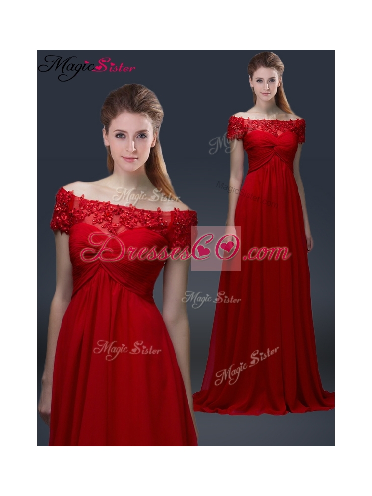 Simple Off the Shoulder Short Sleeves Red Prom Dress with Appliques