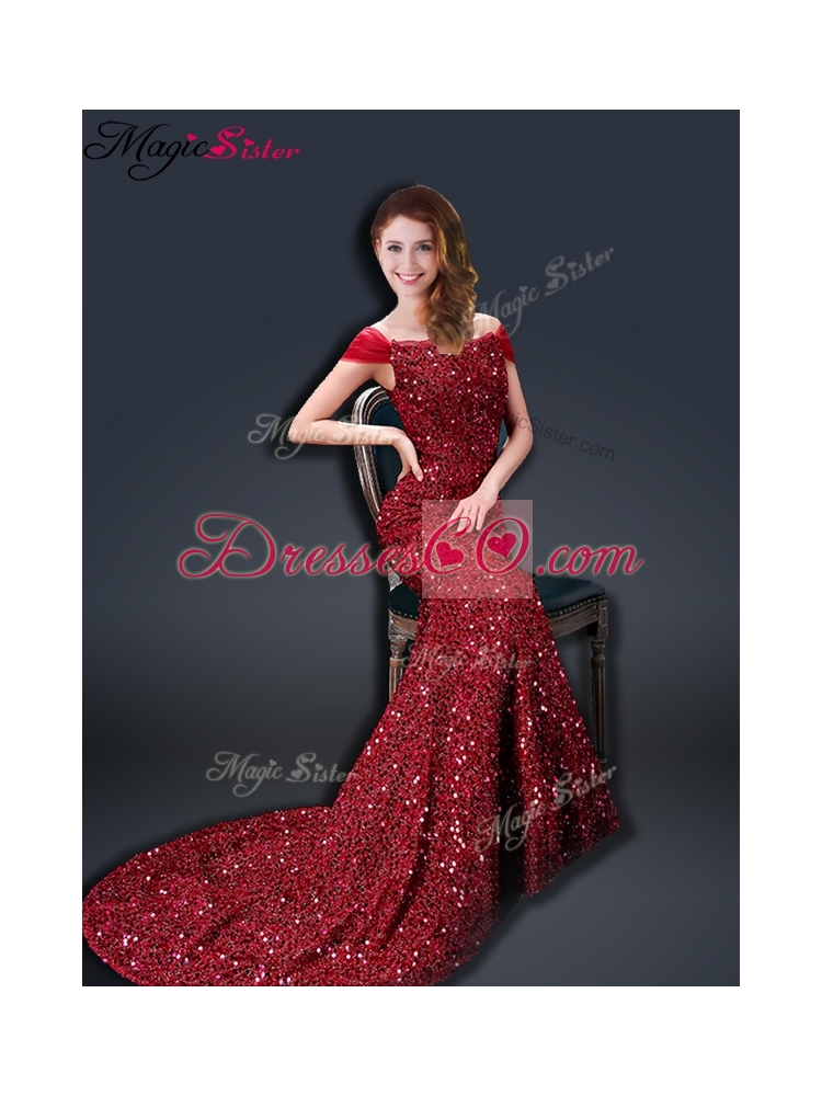 Winter Mermaid Off the Shoulder Sequins Prom Dress in Wine Red