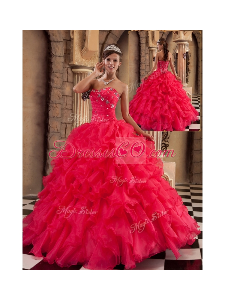 Coral Red Quinceanera Dress with Beading