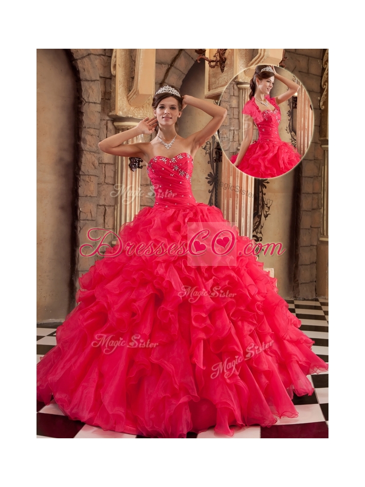 Coral Red Quinceanera Dress with Beading
