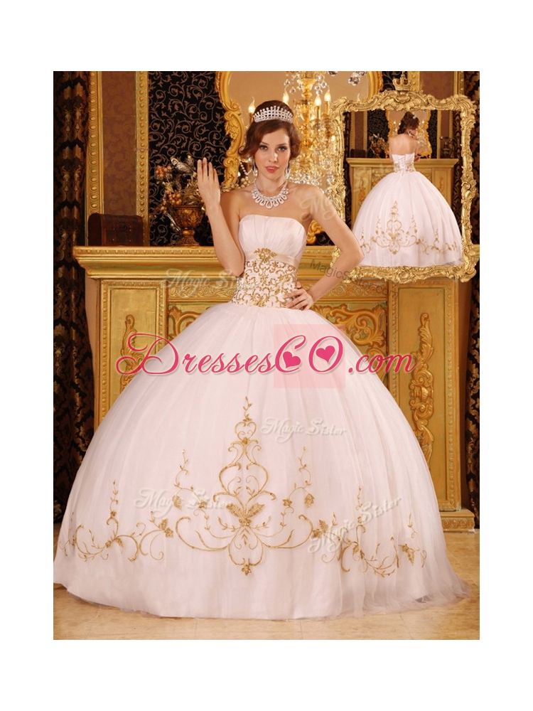 White Ball Gown Strapless Floor Length Quinceanera Dresses