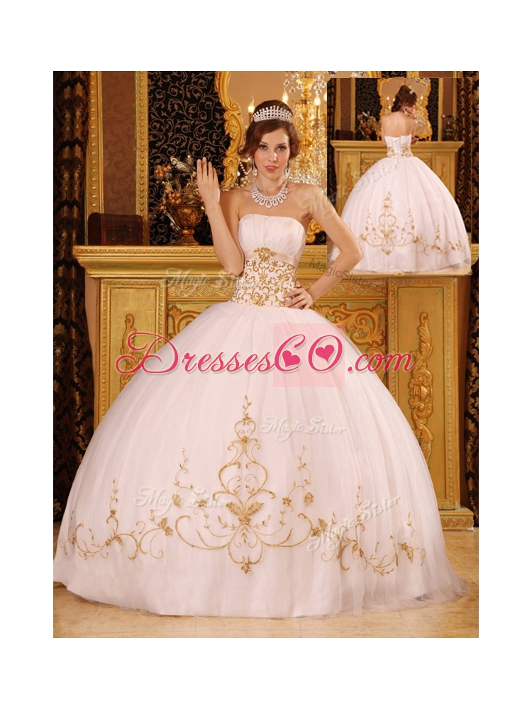 White Ball Gown Strapless Floor Length Quinceanera Dresses