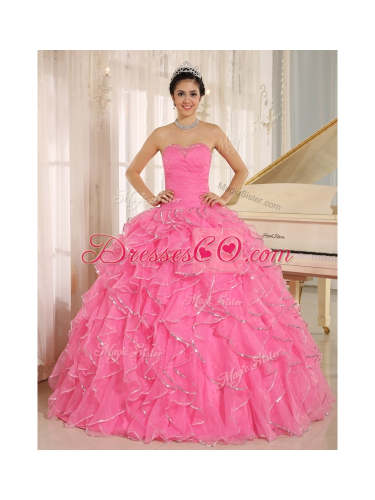 Popular Ruffles and Beading Quinceanera Dress in Rose Pink