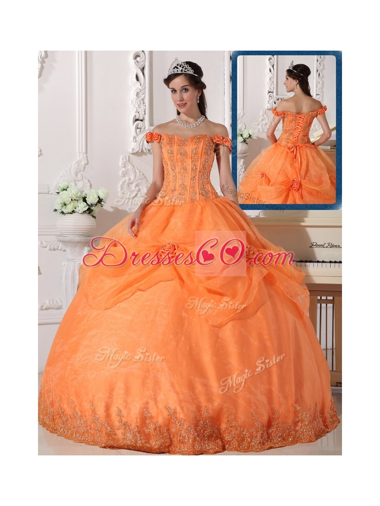 Classic The Shoulder Quinceanera Dress with Appliques and Hand Made Flowers