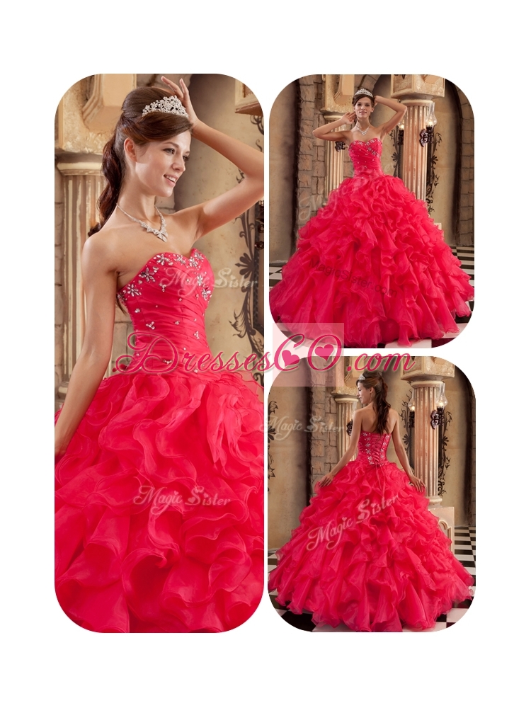 Elegant Coral Red Ball Gown Floor Length Ruffles Quinceanera Dresses