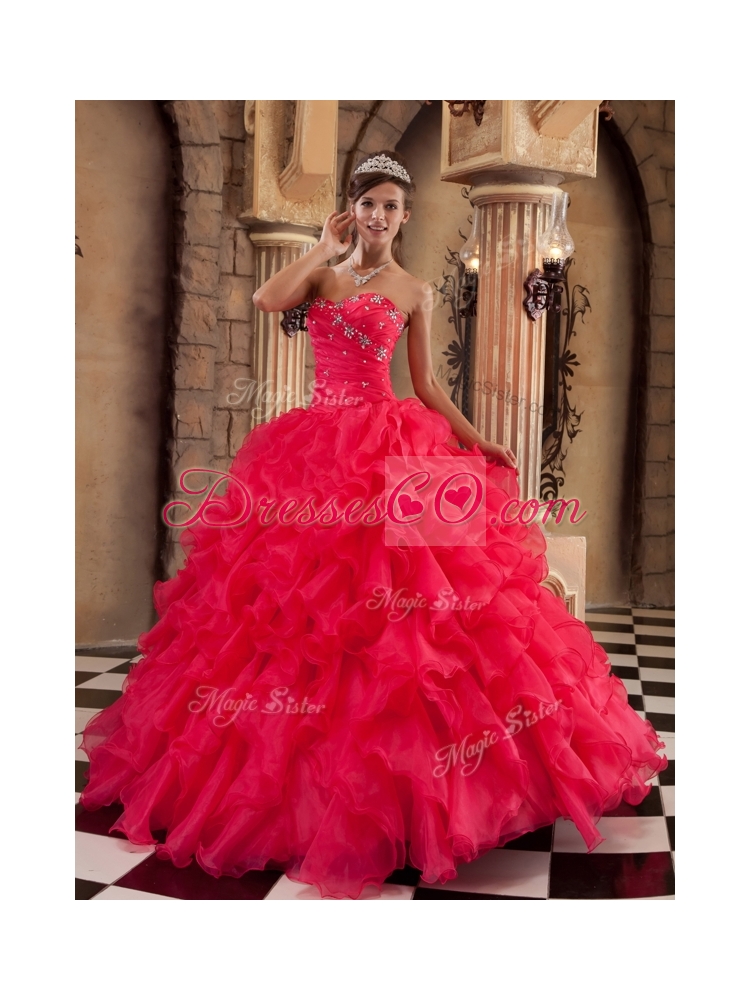 Elegant Coral Red Ball Gown Floor Length Ruffles Quinceanera Dresses