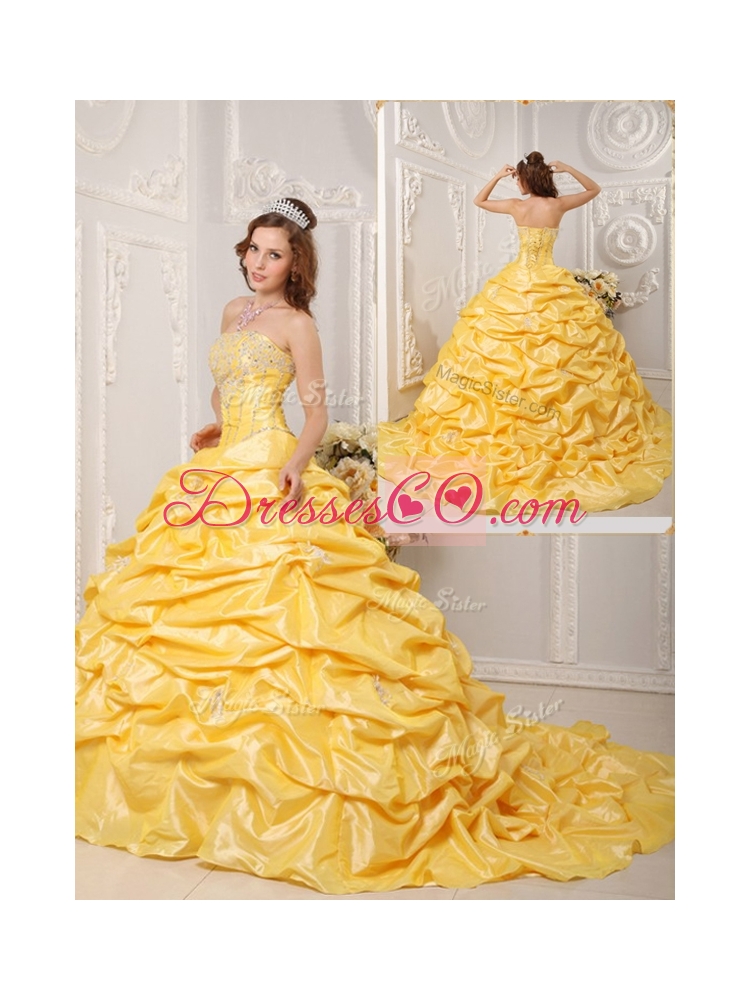 Pretty  Ball Gown Court Train Appliques and Beading Quinceanera Dresses
