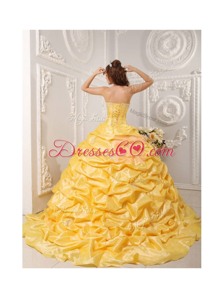 Pretty  Ball Gown Court Train Appliques and Beading Quinceanera Dresses