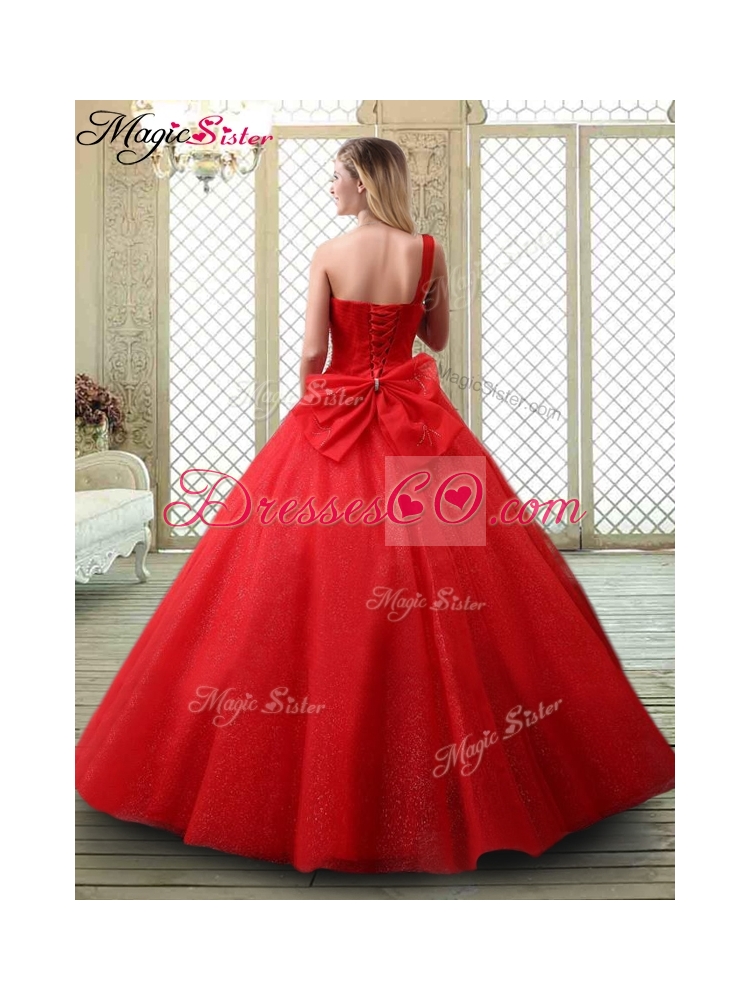 Classical One Shoulder Prom Dress with Beading in Red