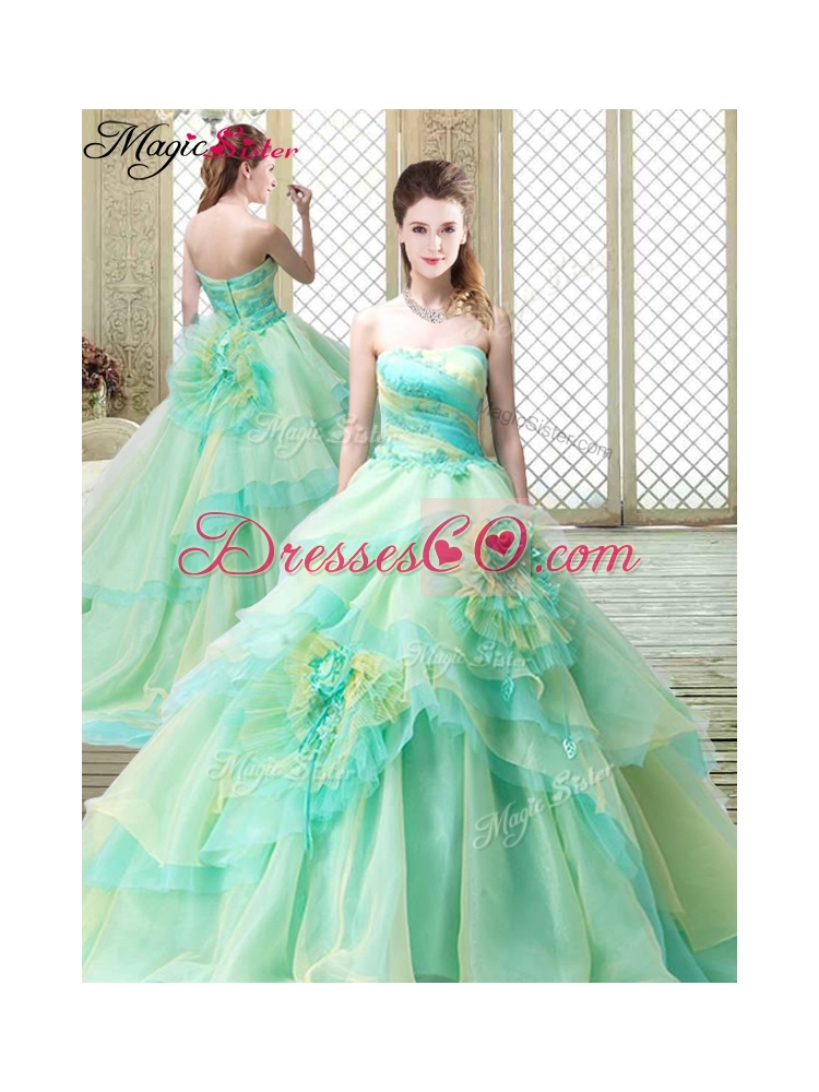 New Strapless Brush Train Prom Dress with Hand Made Flowers