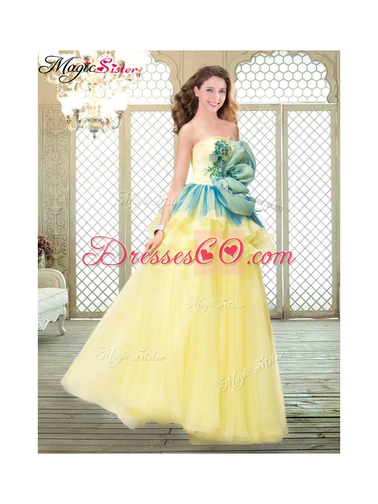 Perfect A Line Strapless Prom Dress with Bowknot and Ruffles