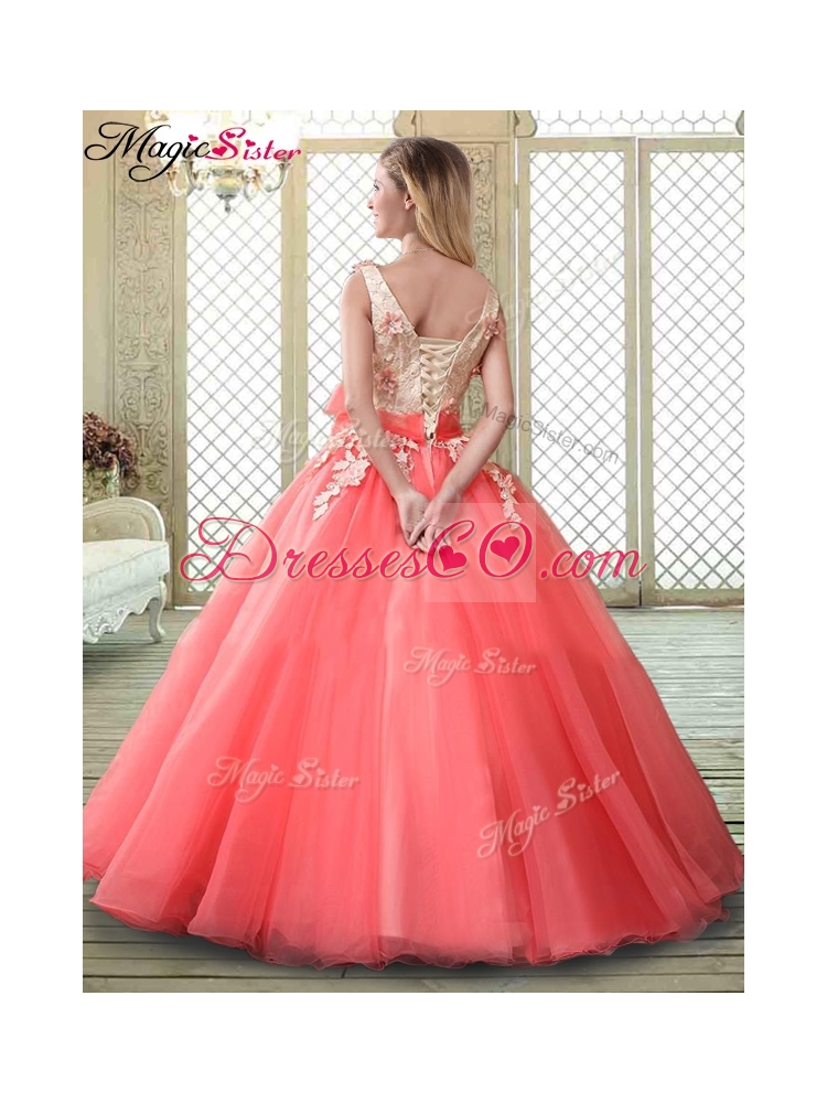 Spring Straps Quinceanera Dress with Appliques and Hand Made Flowers