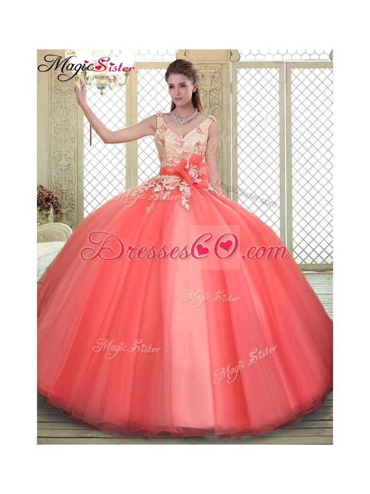 Spring Straps Quinceanera Dress with Appliques and Hand Made Flowers