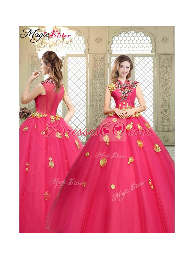Beautiful High Neck Cap Sleeves Quinceanera Dress with Appliques