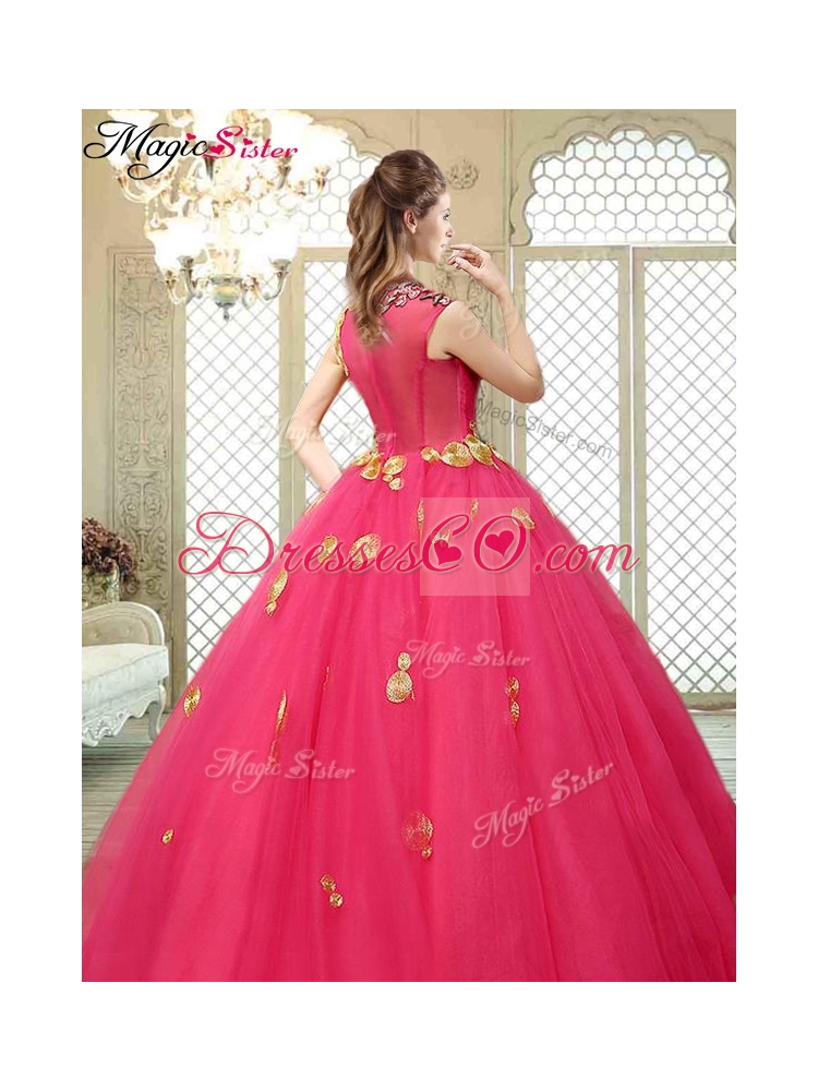 Beautiful High Neck Cap Sleeves Quinceanera Dress with Appliques