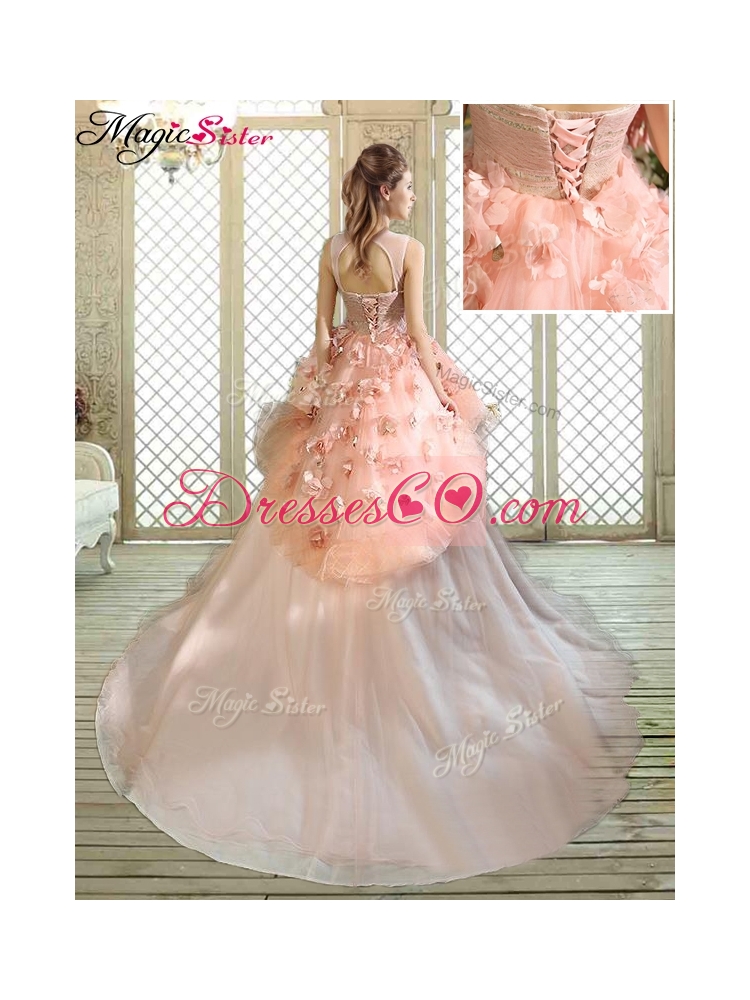 Beautiful Scoop Court Train Quinceanera Dress with Hand Made Flowers