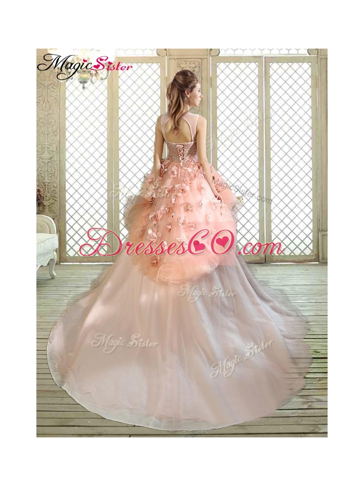 Beautiful Scoop Court Train Quinceanera Dress with Hand Made Flowers