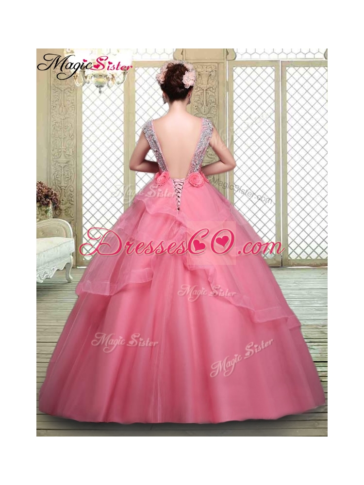 Elegant Backless Quinceanera Dress with Beading and Hand Made Flowers