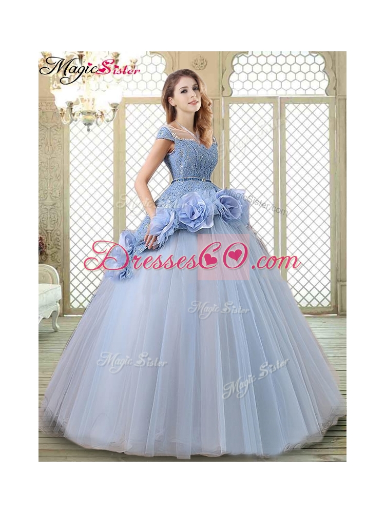 Luxurious Bateau Lavender Quinceanera Gowns with Hand Made Flowers