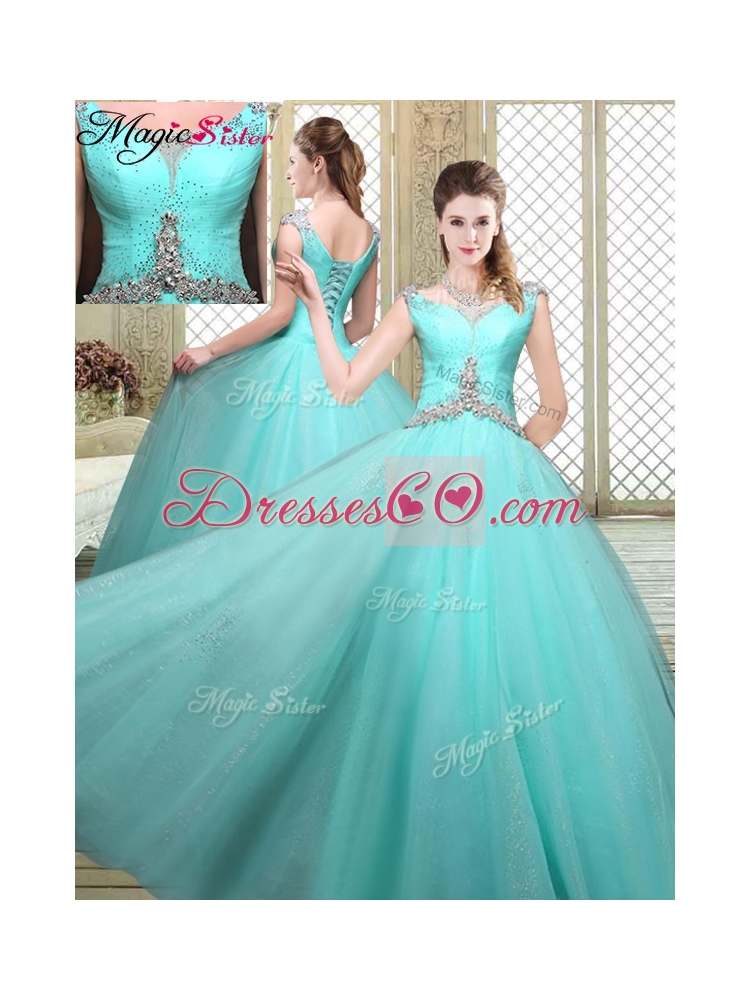 Luxurious Straps Beading Sweet Sixteen Dress in Aqua Blue Color
