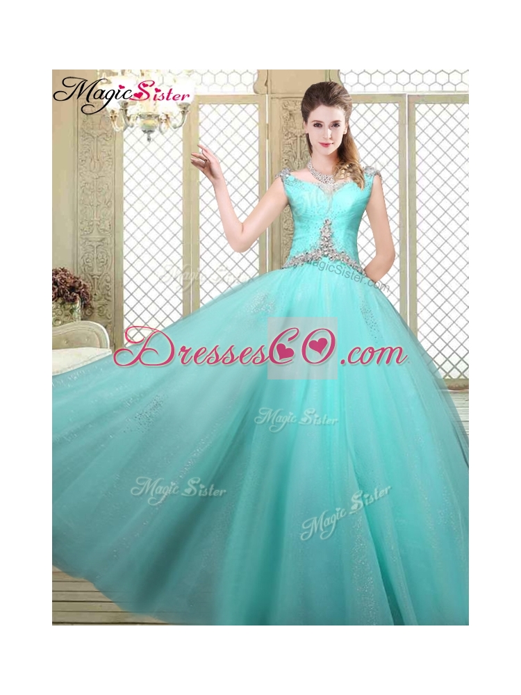 Luxurious Straps Beading Sweet Sixteen Dress in Aqua Blue Color