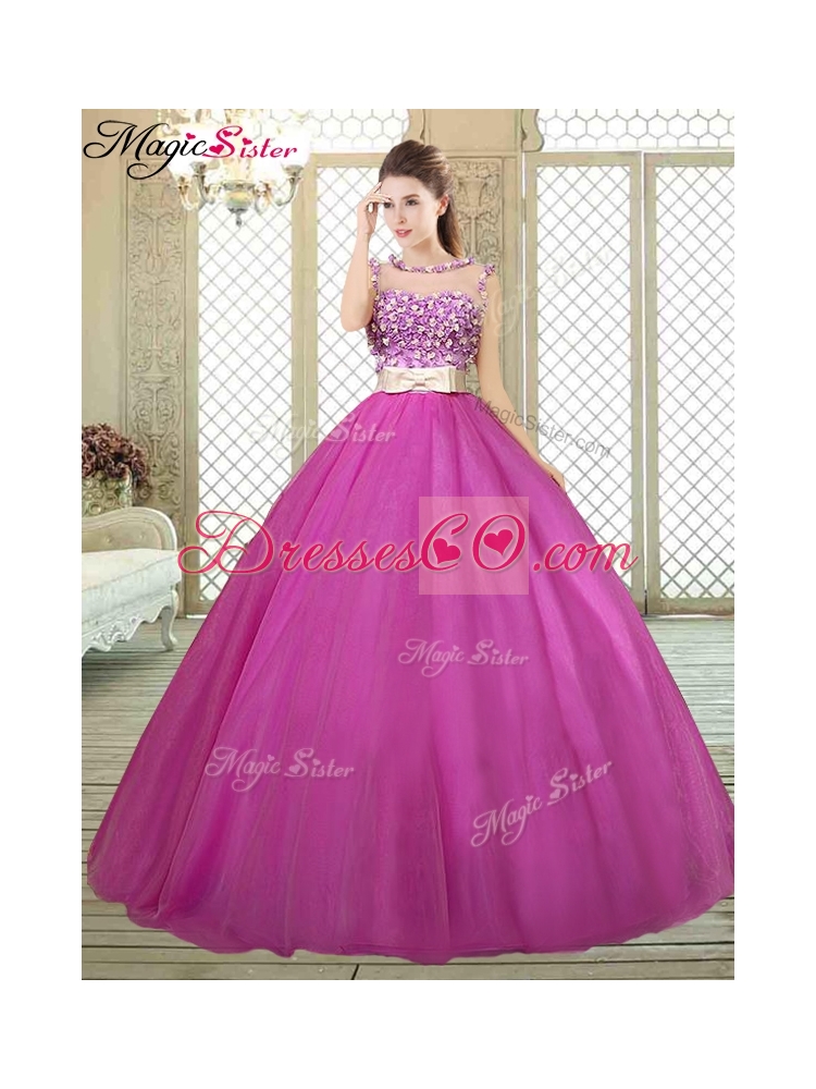 Modern Scoop Sweet Sixteen Dress with Belt and Appliques
