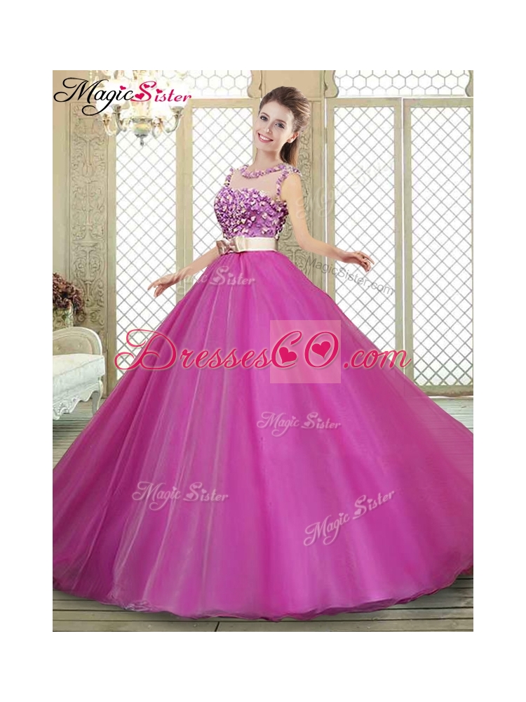 Modern Scoop Sweet Sixteen Dress with Belt and Appliques