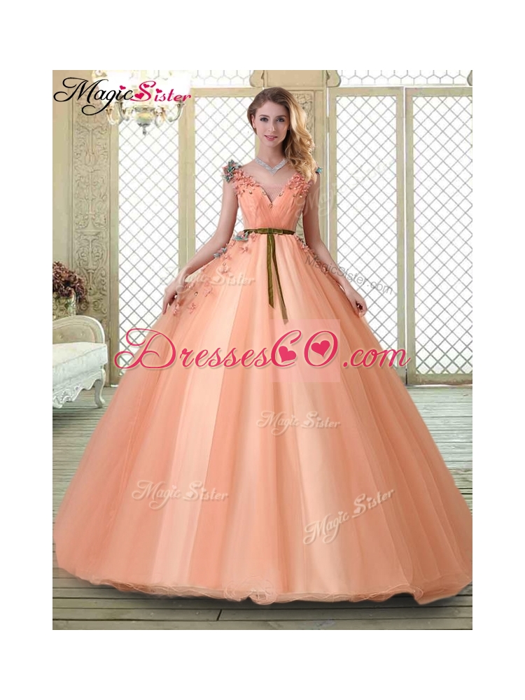 Hot Sale V Neck Sweet Sixteen Dress with Appliques and Beading
