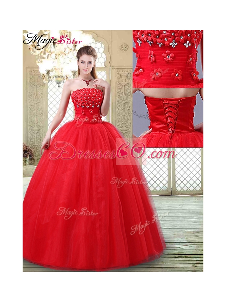 Inexpensive Strapless Quinceanera Dress with Hand Made Flowers