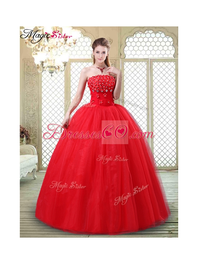 Inexpensive Strapless Quinceanera Dress with Hand Made Flowers