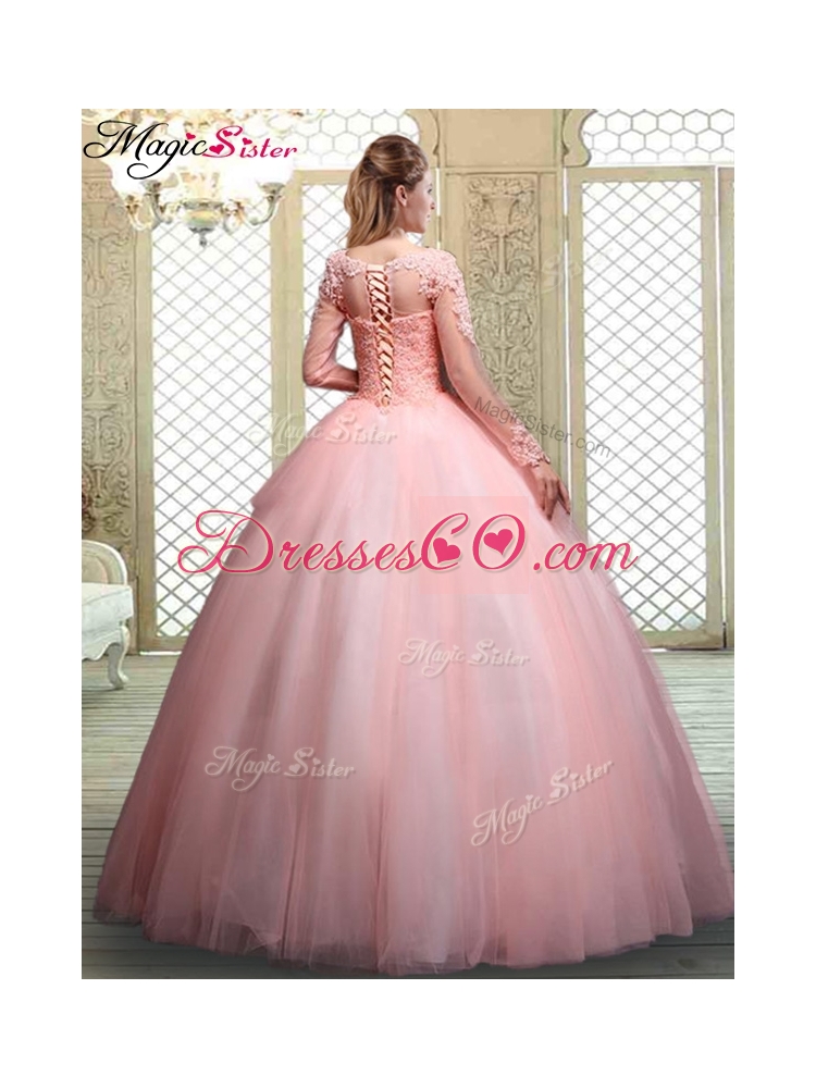 Pretty Bateau Long Sleeves Beading and Appliques Quinceanera Dresses