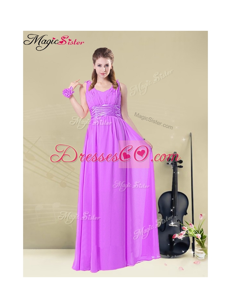 Simple Empire Straps Bridesmaid Dress with Ruching and Belt for Summer