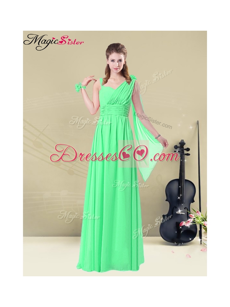 Elegant Straps Floor Length Prom Dress with Ruching and Belt for Summer
