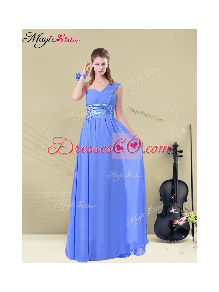 New Style One Shoulder Prom Dress with Ruching and Belt