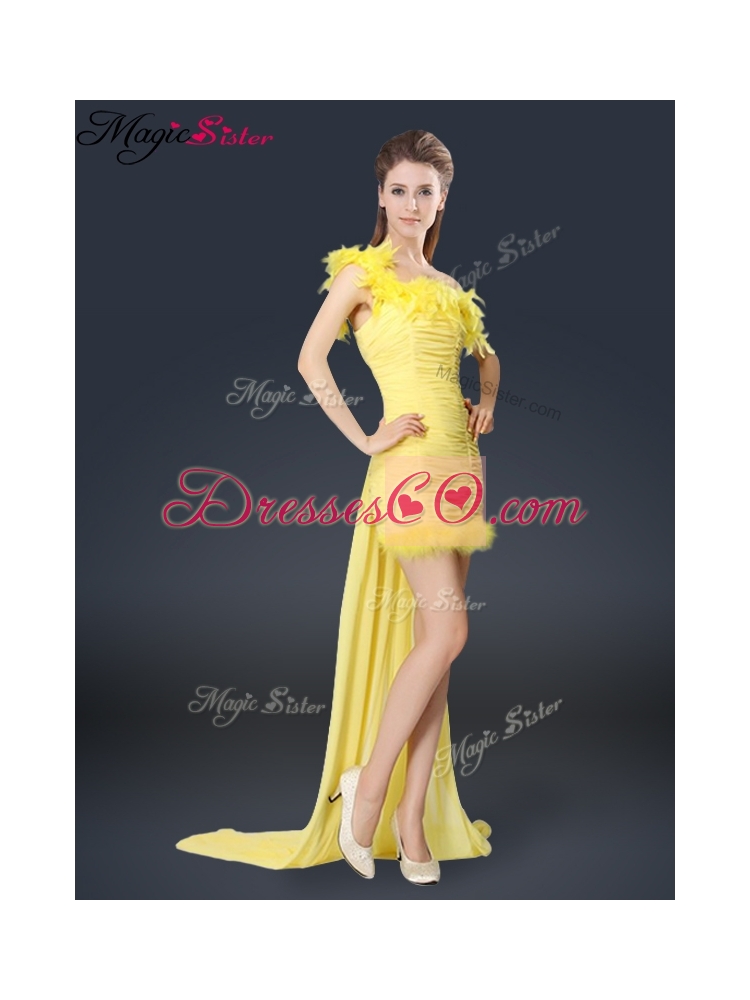 Sweet One Shoulder Watteau Train Bridesmaid Dress in Yellow